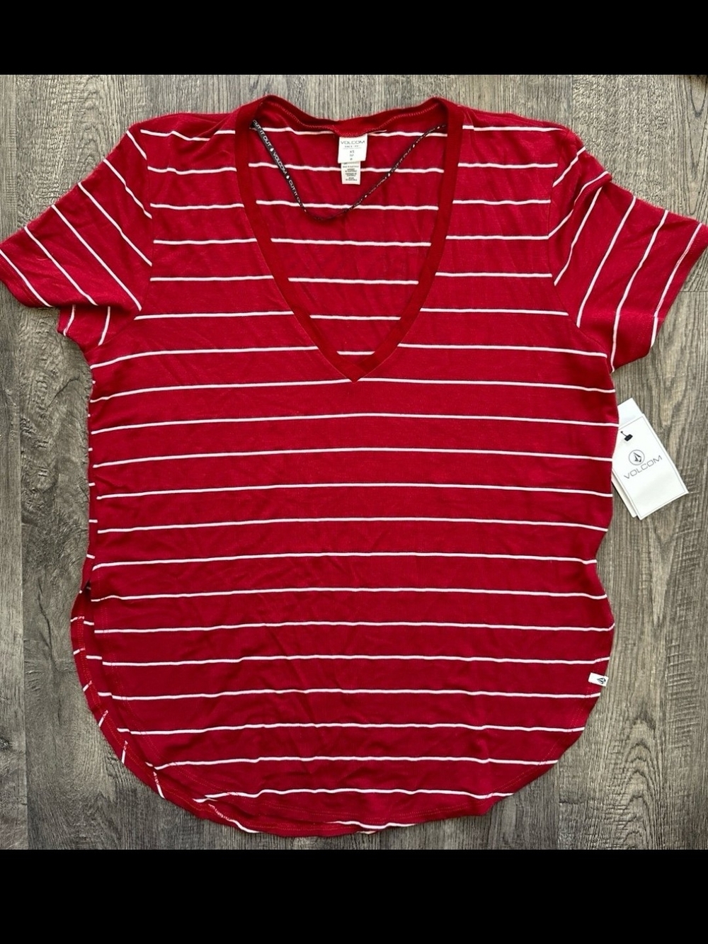 Volcom Red and White Striped V-Neck Short Sleeve Tee XS NWT
